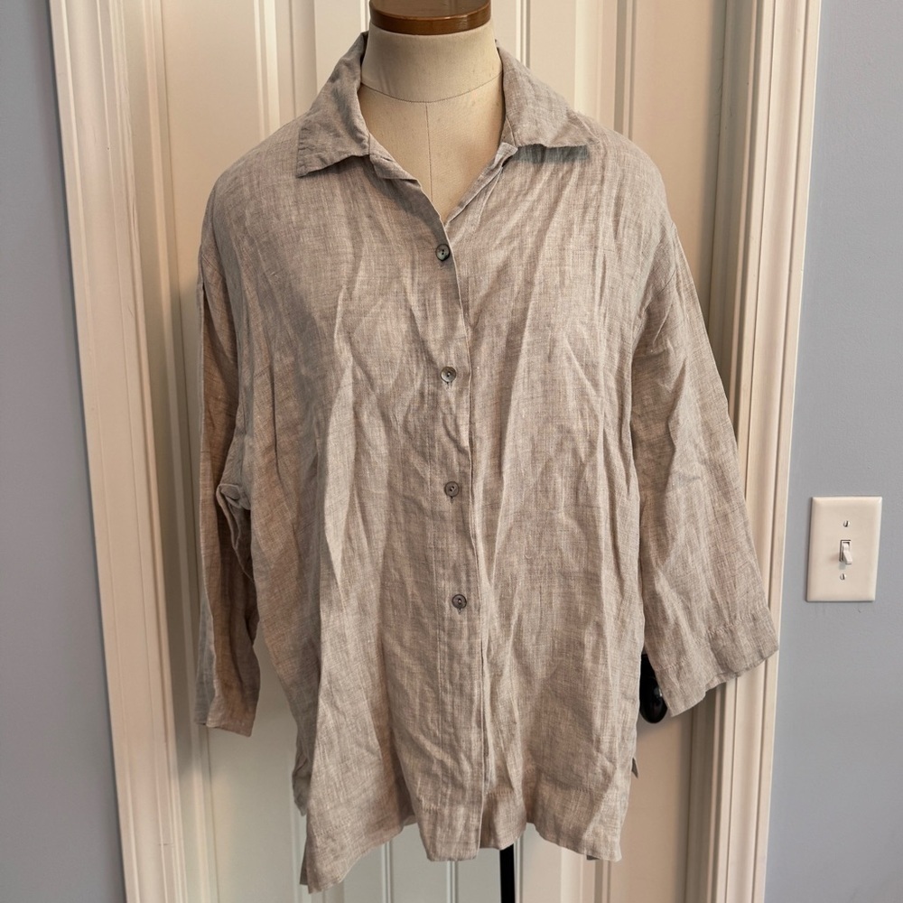 Go Lightly One‎ Size 100% Linen Beige Button Down Top ~ Lagenlook Minimalist